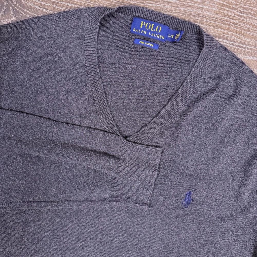 Polo‎ Ralph Lauren V-Neck Sweater Mens Large Gray Pima Cotton Pullover Academia